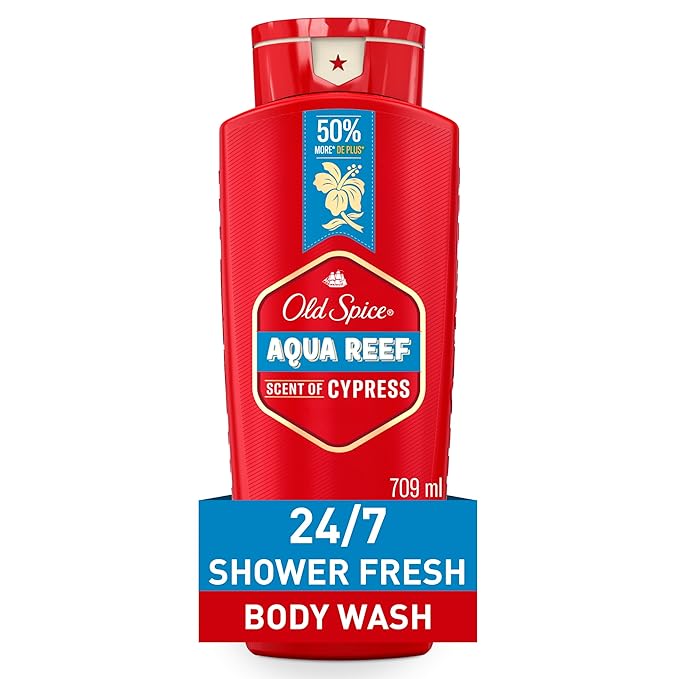 Old Spice Refreshing Body Wash for Men, 3X Defense, 24/7 Shower Fresh with Long Lasting Scent, Red Collection, Aqua Reef with Cypress Scent, 24 oz