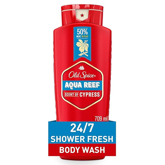 Old Spice Refreshing Body Wash for Men, 3X Defense, 24/7 Shower Fresh with Long Lasting Scent, Red Collection, Aqua Reef with Cypress Scent, 24 oz
