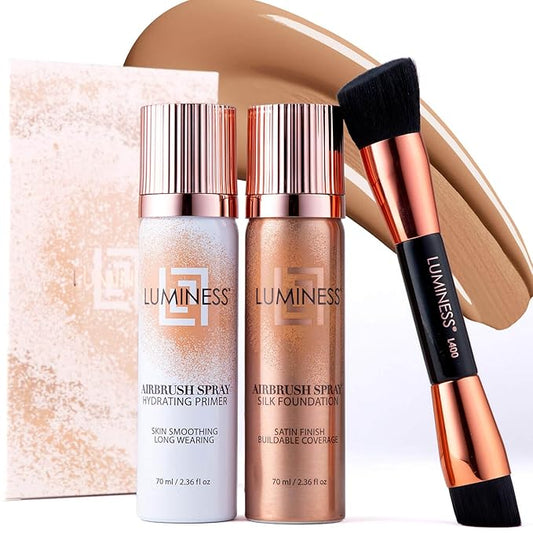 LUMINESS Airbrush Spray Silk Foundation Starter Kit - Warm - Foundation, Primer & Dual-Sided Angled Buffing Brush - Medium, Buildable Coverage, Anti-Aging Formula Hydrates & Moisturizes