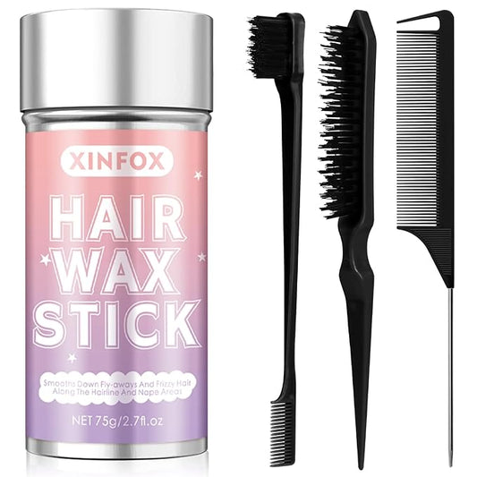 Hair Wax Stick, Slick Back Hair Brush, Wax Stick for Flyaways, Rat Tail Comb Edge Brush Styling Tool Set Accessories for Women Girls(Black)