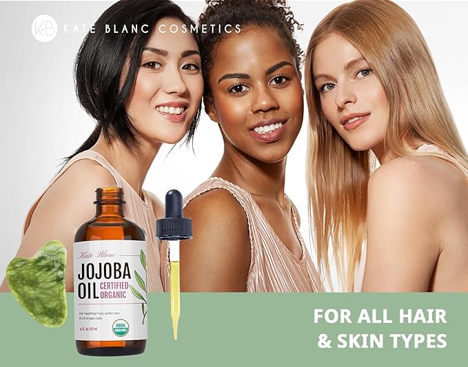 Kate Blanc Cosmetics Jojoba Oil for Hair, Skin & Face with Gua Sha Stone Kit. Gua Sha Oil for Face Massage (4oz, Organic, 100% Pure, Natural)