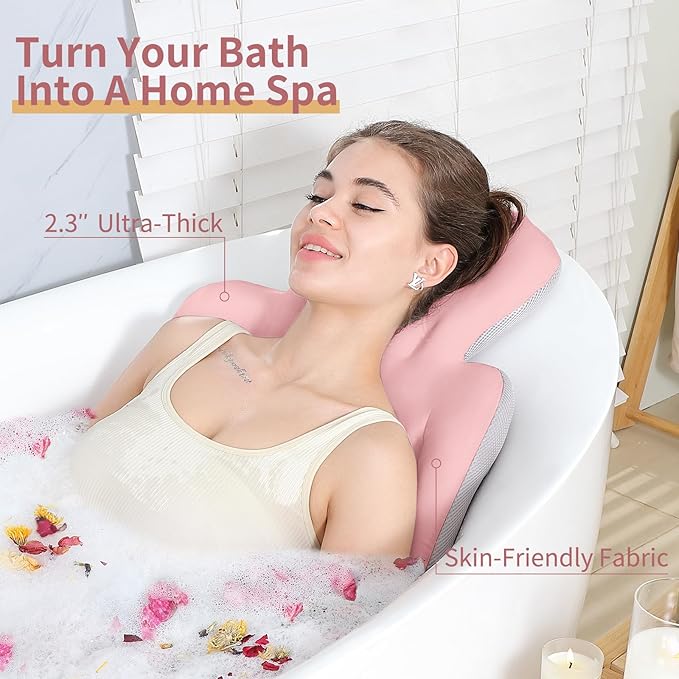 Bath Cushion, Full Body Bathtub Pillow with 160 Suction Cups, Bath Mat for Head and Neck Support, with Laundry Bag (Light Pink, 56.2" x 16.2")