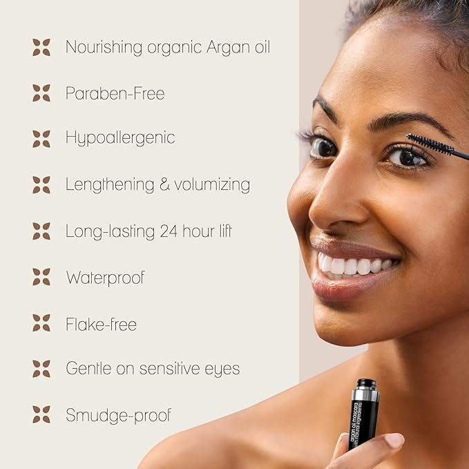 Poppy Austin Organic Mascara, Natural, Vegan, Paraben-Free, Cruelty-Free - Hypoallergenic Mascara Lengthening & Volumizing with Argan Oil - 0.31 Fl Oz (Black)