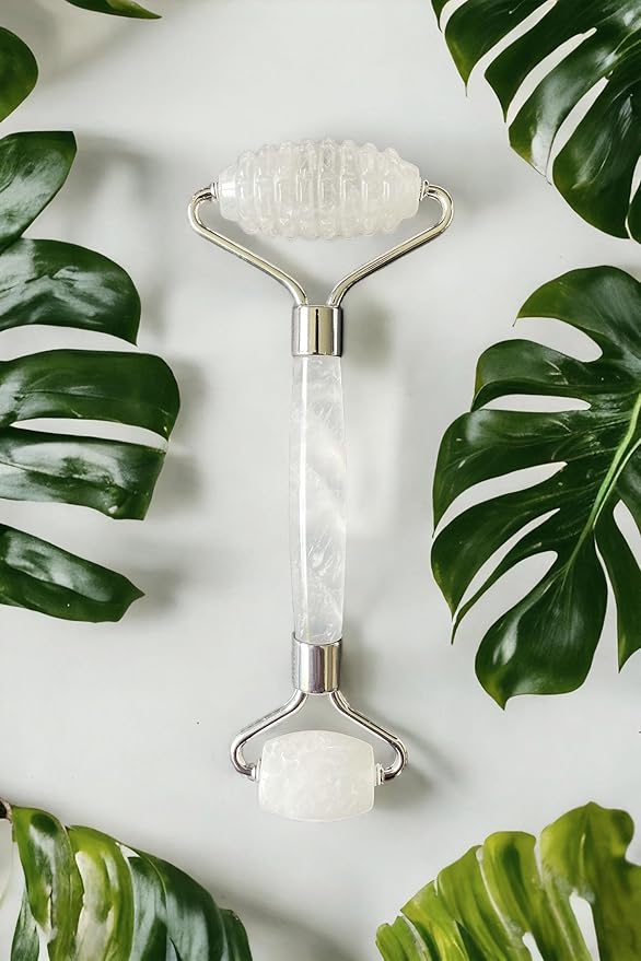 100% Real Crystal Jade Stone Roller and Gua Sha Set with Vitamin C Serum | Great for Eye Puffiness Treatment, Skin Tightening, Anti Aging, Rejuvenate Face & Neck | Great Gift for Women & Men (Crystal)