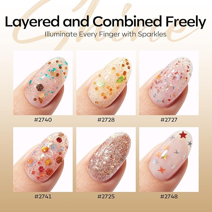 modelones Glitter Gel Nail Polish Set, 6 Colors Fall Geometric Shapes Star Gold Glitter Ornament Gel Polish Collection with Wooden Stick All Seasons Soak Off LED Manicure DIY Gift