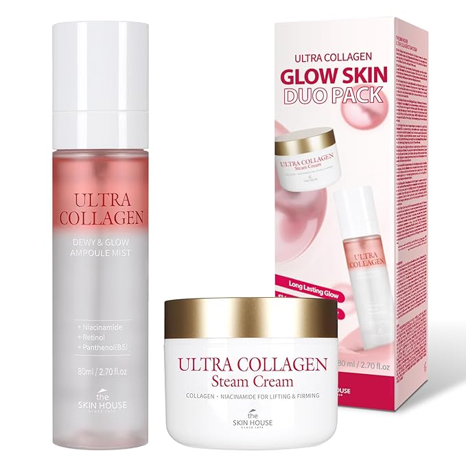 ULTRA COLLAGEN Glow Skin Duo Pack, Hydrating Ampoule Mist & Steam Cream Set, Retinol, Deep Moisture Collagen & Niacinamide, Winter Skincare Gift for Dry Skin, K-Beauty Moisturizing Glow Kit