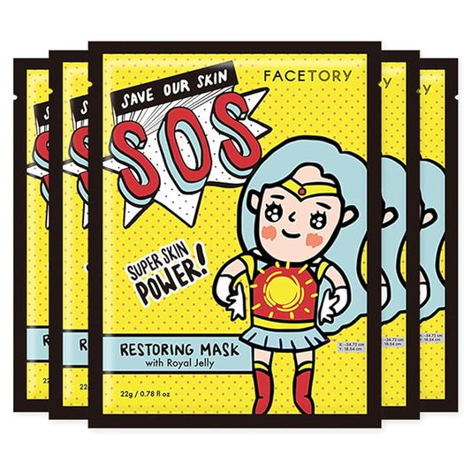 FACETORY K Beauty Face Mask Skin Care - SOS SAVE OUR SKIN RESTORING Sheet Mask with Royal Jelly & Aloe | Calm Appearance, Dewy Skin (5 Pack)