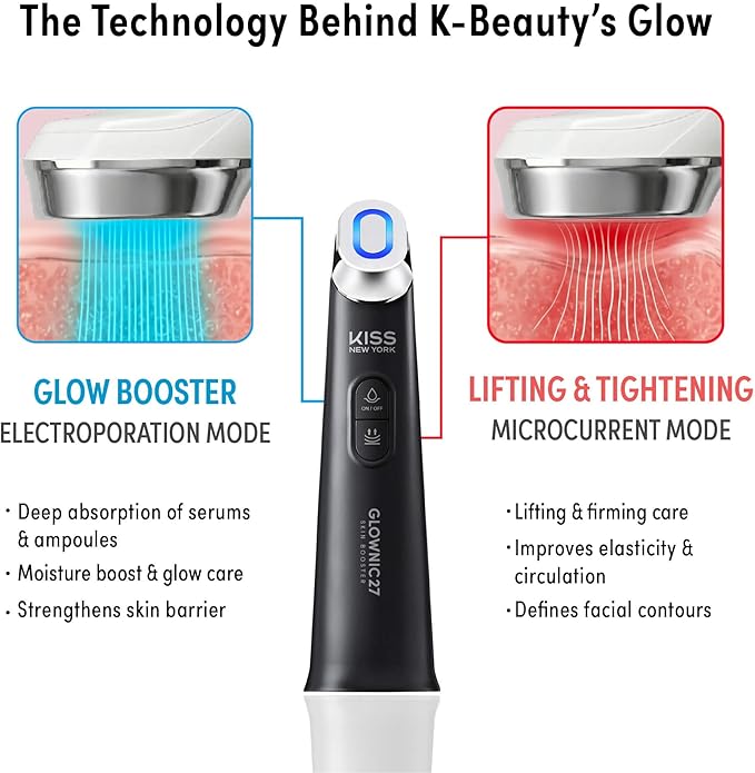 KISS NEW YORK GLOWNIC27 Facial Beauty Device, Microcurrent Glass Glow Skin Booster for Enhancing Korean Skin Care Absorption and Ability to Lift, Improves Hydration Barrier, Elasticity, Even Tone