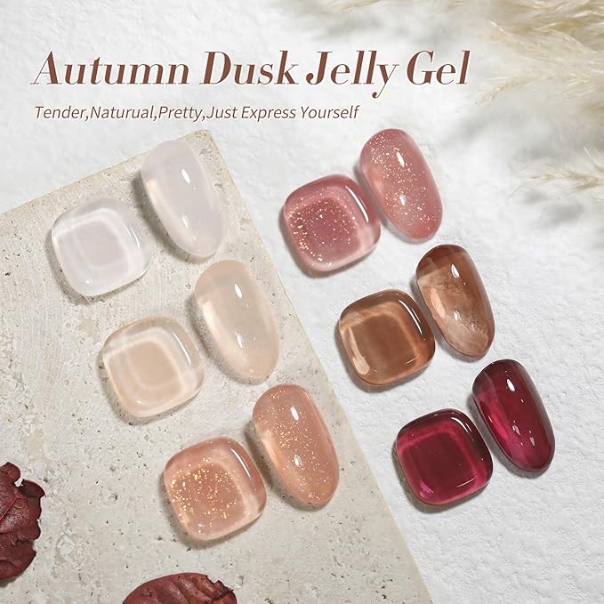 Born Pretty Jelly Gel Nail Polish Fall Winter Brown Nude Dark Wine Red Sheer Gel Nail Polish, Crystal Transparent Gel Polish Nail Art Manicure DIY Salon and Home 7ML 6PCS