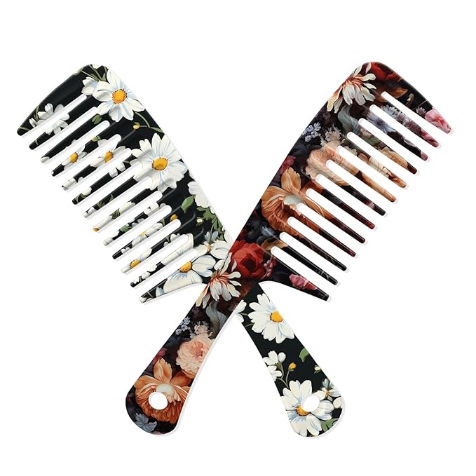 2PCS Wide Tooth Comb,Effortless Tangle Removal for Long Hair Styling Comb for Curly,Wet,Cute Aesthetic Design for Women Men and Girls(Black-Flowers-13)