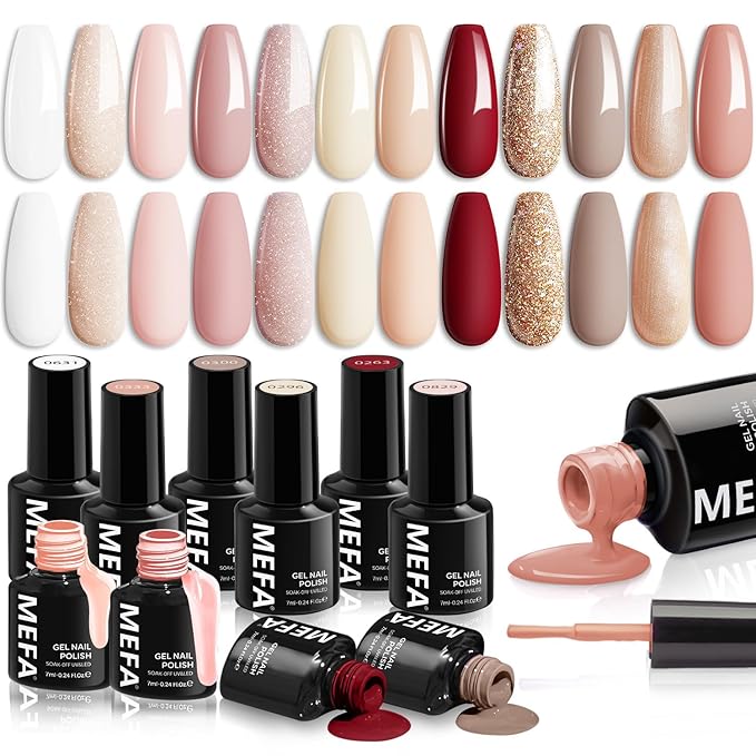MEFA Nude Gel Nail Polish Set, 12 Colors Champagne Gold Glitter Gel Polish Set Shimmer Nude Pink natural Nail Polish Soak Off Burgundy Dark Red Brown Gifts for Women Girl DIY Salon Home Manicure
