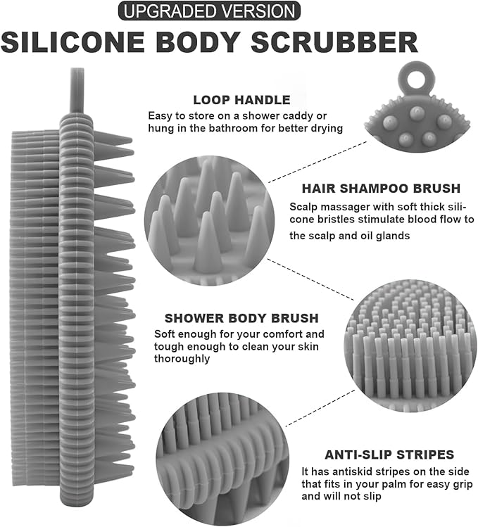 Silicone Body Scrubber Brush, 2in1 for Exfoliating Wet or Dry Skin Body Wash Bath Shower Tool, with Super Soft Manual Facial Cleansing Brush Scrubber (Grey)