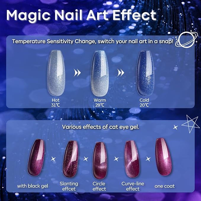 modelones Glitter Gel Nail Polish Set 6 Colors, Blue Color Changing Red Cat Eye Magnetic Gel Polish Chameleon Reflective Temperature Black Pink Nail Polish Soak Off LED Nail Art Manicure Kit Gift