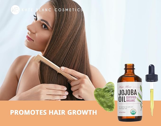Kate Blanc Cosmetics Jojoba Oil for Hair, Skin & Face with Gua Sha Stone Kit. Gua Sha Oil for Face Massage (4oz, Organic, 100% Pure, Natural)