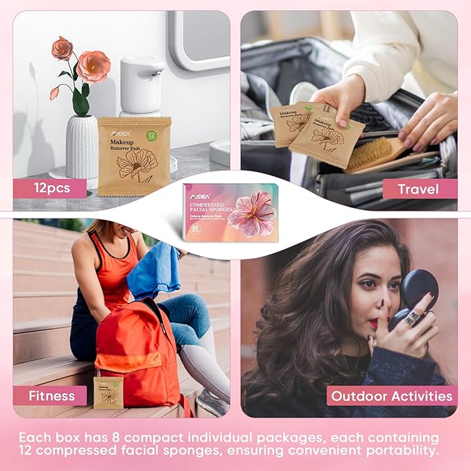 AIDEA Compressed Facial Sponges 96Count White, Round, Face Sponges for Cleansing, Travel Essentials, Natural Cellulose Cosmetic Makeup Sponge for Facial Cleansing, Exfoliating, Makeup Removal