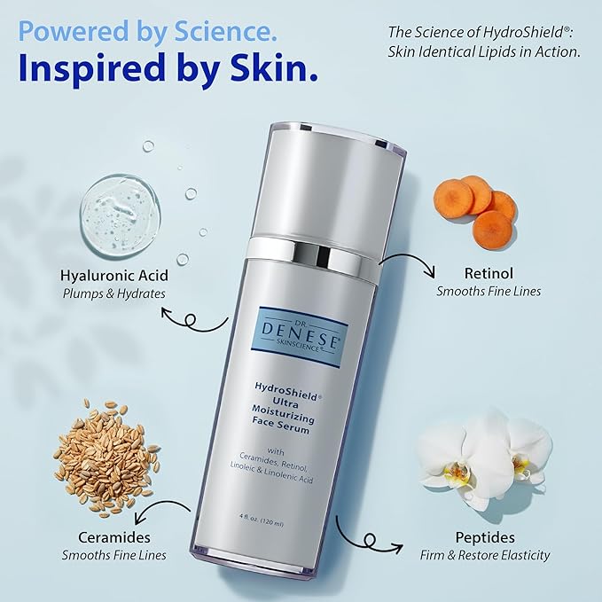 Dr. Denese SkinScience HydroShield Ultra Moisturizing Face Serum 4 oz – Retinol & Ceramide Formula for Deep Moisture, Smooth Radiant Skin, Fine Line Care – Dermatologist-Tested & Cruelty-Free