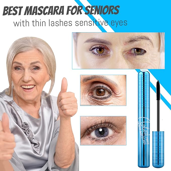 Mascara for Older Women 60 Plus, Mascara for Seniors with Thinning Lashes, Hypoallergenic Sensitive Eyes, Black Volume and Length, Waterproof Smudge Proof