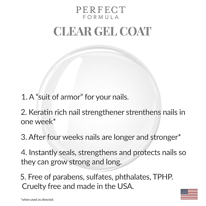 Perfect Formula Clear Gel Coat - Nail Strengthener, Keratin Treatment, Clear Nail Polish - Strengthener for Damaged Nails - Made In The USA .60 fl oz.