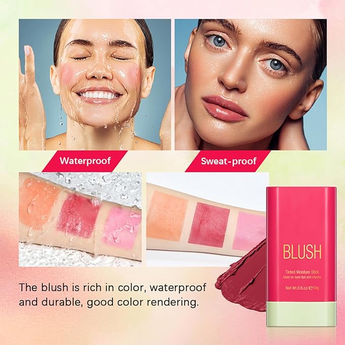 Multi-Use Makeup Blush Stick, Cream Blush Stick, Tinted Solid Moisturizer Stick for Cheek & Eyes & Lips, Waterproof Natural Nude Makeup, Suitable for All Skin (2#Hot Red)
