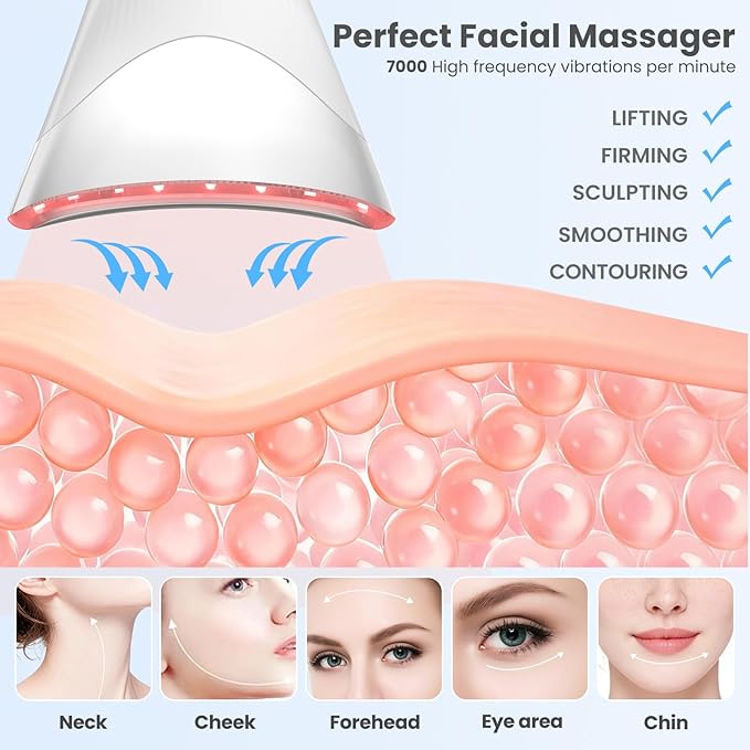 7 Color Light Face and Neck Massager Tool of Double Chin Reducer, Facial Massager with Adjustable Vibration and Thermals for Wrinkles Face Sculpting Tool with Base (White)