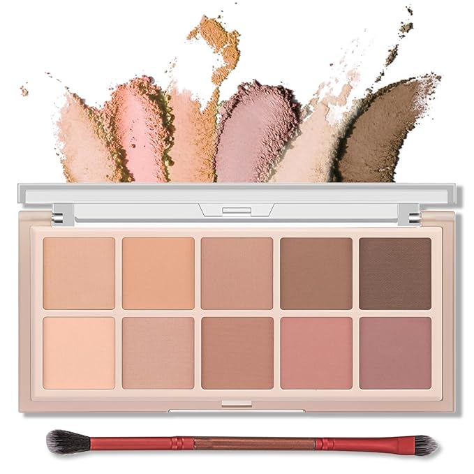 Erinde 10 Colors Nude Eyeshadow Palette, Matte Light Beige Brown Eye Shadow Makeup, Ultra-Blendable High Pigmented Long Lasting, Neutral Eye Make Up Pallet with Brush Travel Size Gift Kit, Milk Tea