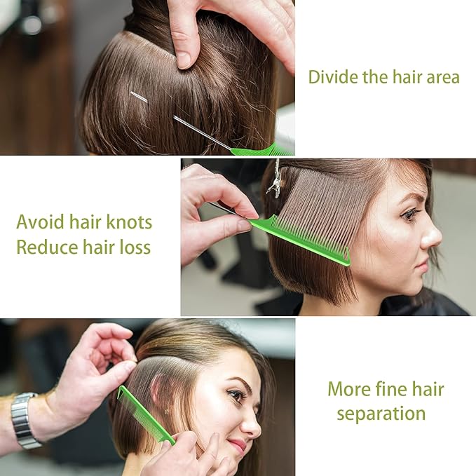 Rat Tail Teasing Combs Set: 3 Long Steel Pin Combs for Parting Hair - Salon Styling Combs for Women (Purple, Green, Blue)