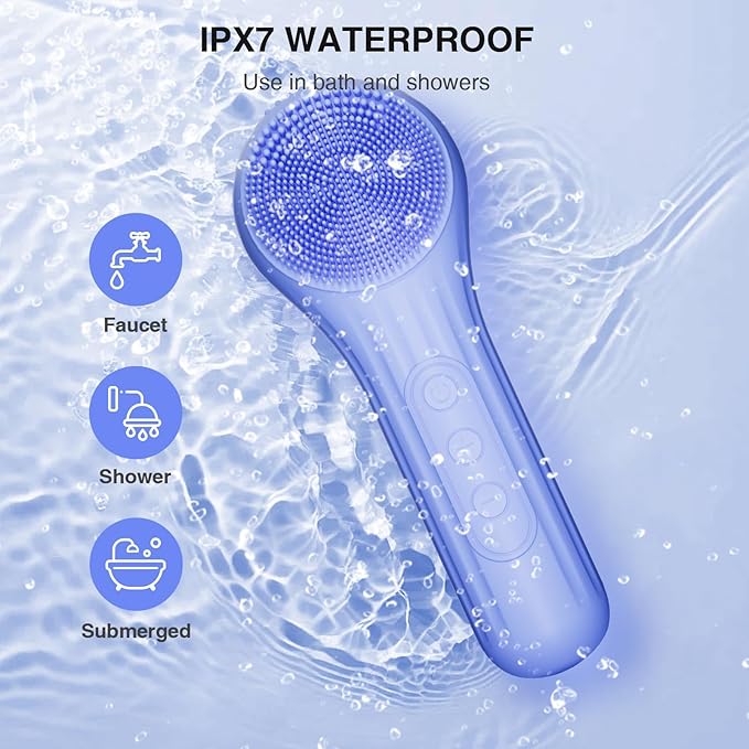 Silicone Face Scrubber, Waterproof Electric Facial Cleansing Brush for Men & Women, Rechargeable Face Scrubber with 5 Modes for Deep Cleansing, Exfoliating, Massage (Blue)