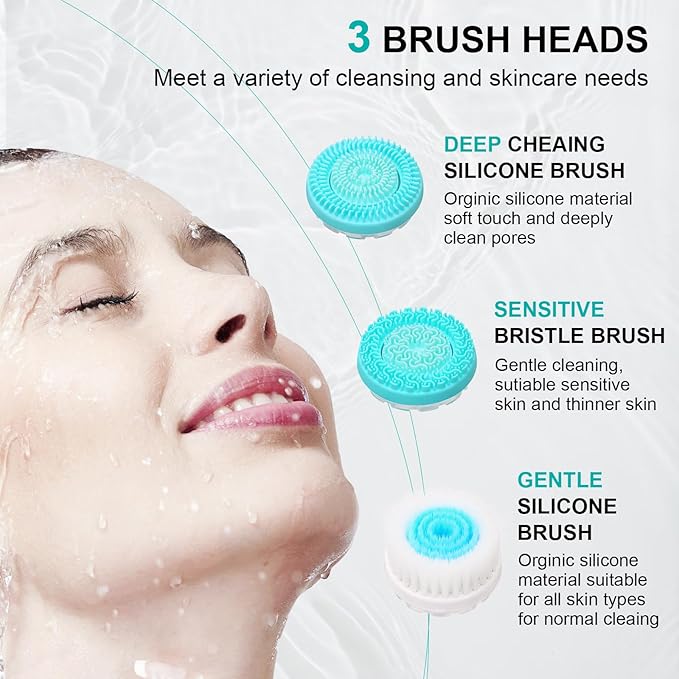 Facial Cleansing Brush, Waterproof Dual-Rotation Face Scrubber Exfoliator with 3 Brush Heads and 2 Adjustable Speeds, Rechargeable Exfoliating Face Brushes for Cleansing and Skin Care (Blue)