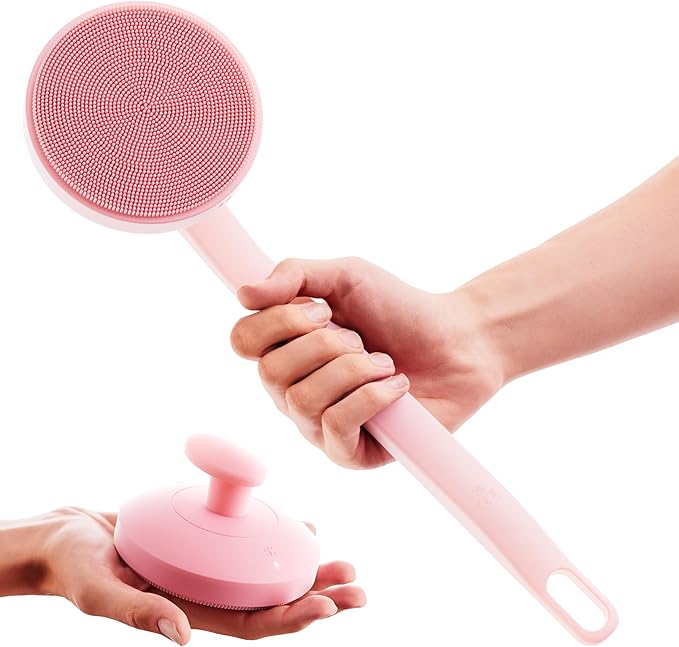 Aura Body Clean Pro⁺ - Silicone Electric Body Scrubber for Acne, Ingrown Hair & KP - IPX7 Waterproof, Rechargeable Exfoliating Shower Brush with Handle. Freeform Grip, & 7000+ Sonic Vibration - Rose