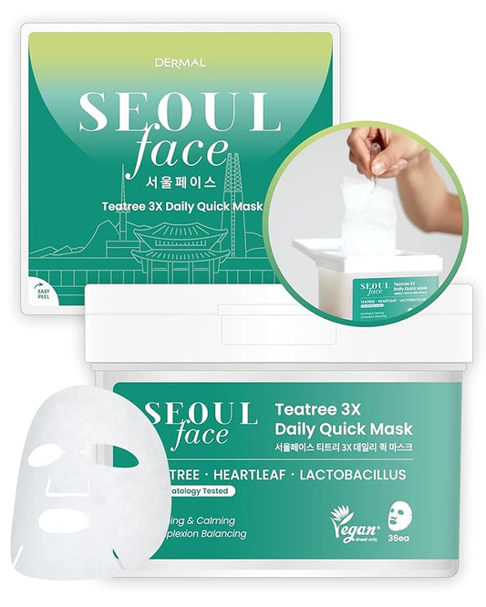 DERMAL Seoul Face Teatree 3X Daily Quick Mask 36 Sheet – Korean Skincare Vegan Tencel Facial Masks - Calming, Soothing, Blemish Control Face Mask Sheets with Heartleaf Extract, Lactobacillus