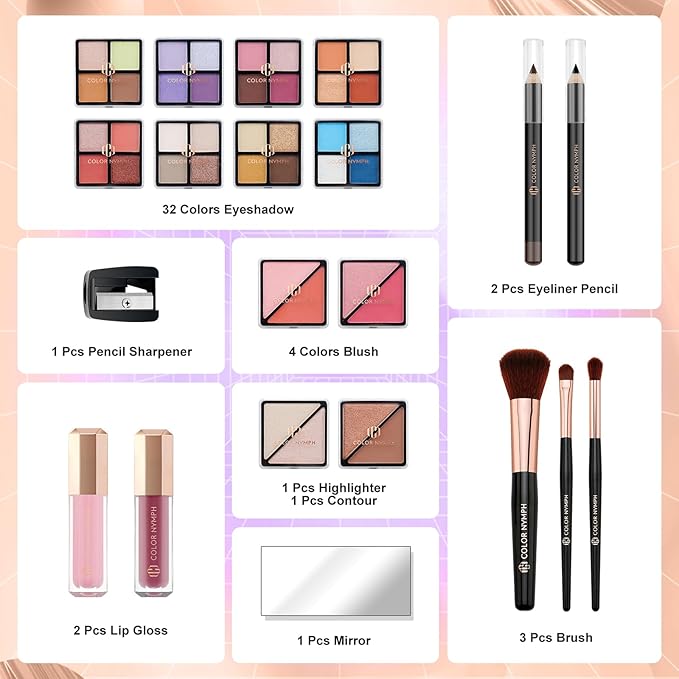 Color Nymph Girls Makeup Kit for Teen | Full Starter Cosmetics Makeup Set With Train Case | Included 32 Colors Eyeshadow, Bronzer, Contour Powder, Blush, Highlighter, Lip Gloss (Pink)