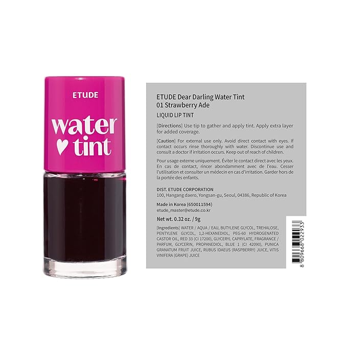 ETUDE Dear Darling Water Tint - Strawberry Ade (9g) | Vivid Color Lip Stain with Moisturizing Weightless & Non-sticky Finish Lip Stain | Smudge-proof Lip Tint | Korean Makeup, Kbeauty