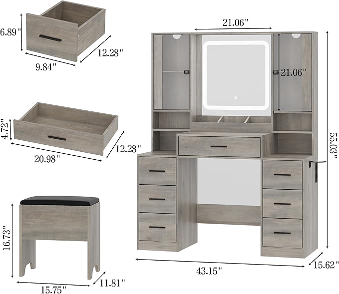 Makeup Vanity with LED Light Strip Mirror and Chair, 7 Drawers & 2 RGB Cabinets Black Vanity Makeup Desk with Power Strip, Adjustable LED Lighting, and Cushioned Stool for Women, Girls, Teens