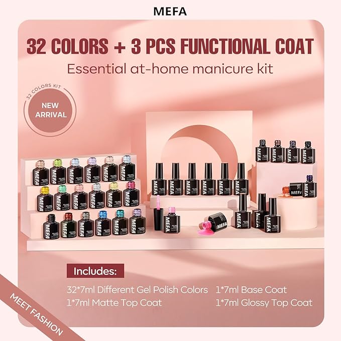 MEFA 35 Pcs Gel Nail Polish Set, 32 Colors All Seasons Collection Gel Nail Polish Kit with Base Coat No Wipe Glossy/Matte Top Coat Blue Red Pink Nail Art Manicure DIY Salon Home Gifts for Women Girls
