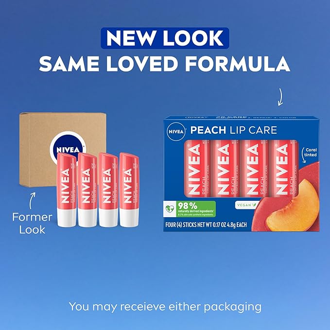 NIVEA Peach Lip Care, Tinted Lip Balm Pack with Shea Butter, Nourishing Oils and Vitamin C & E, 3-in-1 Moisture, Repair and Color, 0.17 Oz Stick, Pack of 4