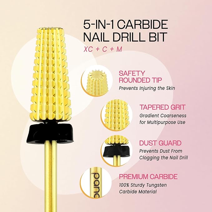 PANA 3/32" Shank 5-in-1 Nail Carbide Bit - (Triple Coarse - Extra Coarse Grit, Gold) - Two Way Rotate use for Both Left and Right Handed Fast remove Acrylic or Hard Gel Machine