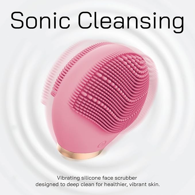 Bella Ciao Travel Silicone Facial Cleansing Brush, Face Exfoliator and Massager, Cordless Pore Scrubber with Soft Bristles, Double-Sided Design, IPX5 Water Resistance, Battery Not Included, Pink