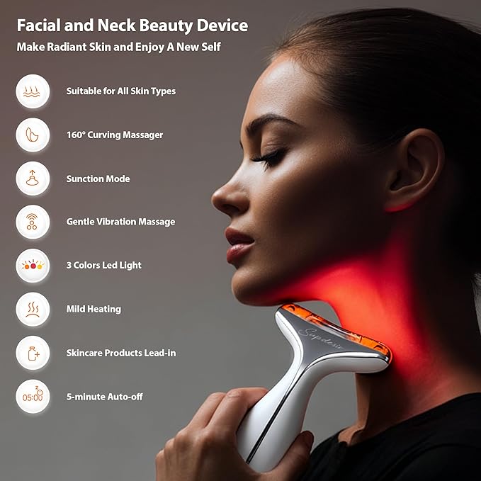 3-in-1 for Aurora Red Light for Face & Neck Beauty Massager, with Suction, Vibration, Heat, 3 Light Therapies for Skin Glow, Face Lift, Neck Firm, White