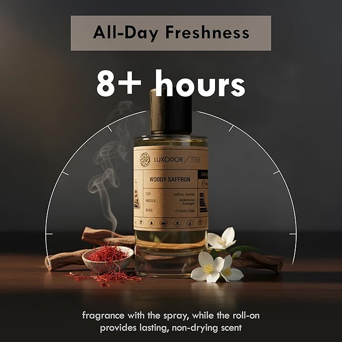 Woody Saffron Perfume for Men & Women, Inspired by MFK Bacarat Rouge 540, 2-Piece Combo of 100 ml Fragrance Spray Bottle and 10 ml Alcohol-Free Roll-On Perfume Oil, Vegan, Paraben-Free, Unisex