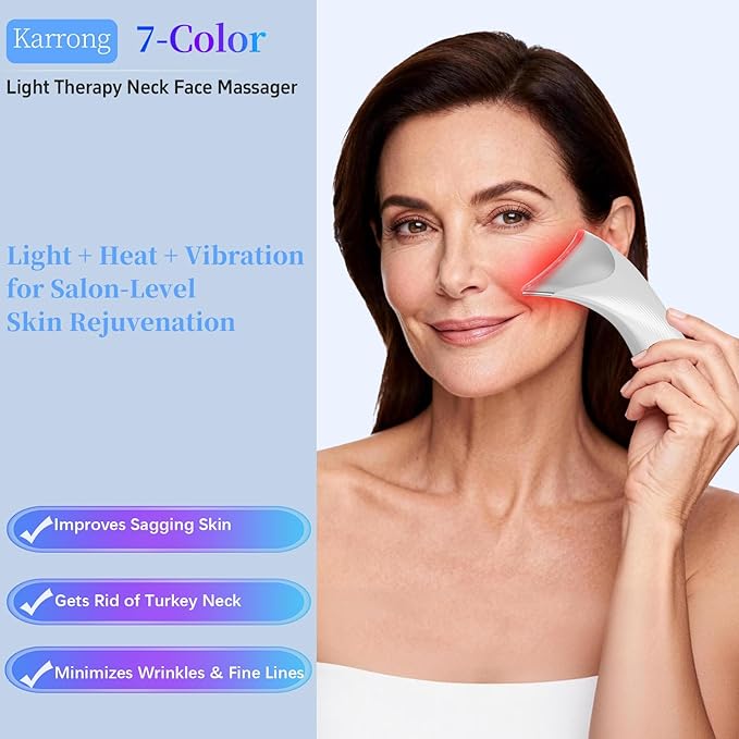 7 Color LED Neck Face Massager Red Light Care Beauty Device, Vibration & Heat Facial Sculptor Massager Tool for Anti-Wrinkle Skin Care, Ideal for Home Travel Gifts, White