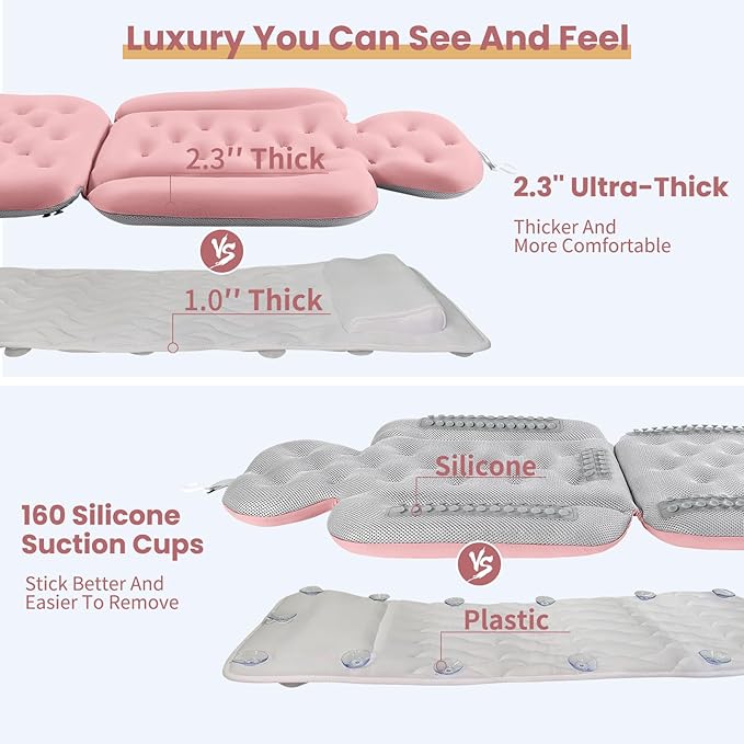 Luxury Bath Cushion, Full Body Bathtub Pillow with 160 Suction Cups, Bath Mat for Head and Neck Support, with Laundry Bag (Light Pink, 51.2" x 16.2")