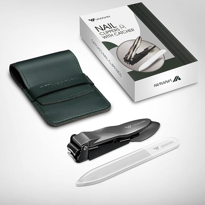 Nail Clippers with Catcher, No Splash Fingernail Toenail Clippers with Sharp Curved Blade and Glass Nail File, Wide Jaw Opening Stainless Steel Nail Cutter Trimmer for Seniors Adult Men Women