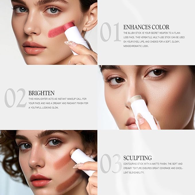 bayfree 3 PCS Makeup Cream Contour Stick Set, Highlighter Stick & Bronzer Stick & Blush Stick, Long Lasting, Natural Face Contour, Dewy & Matte Finish, Multi Stick Trio for All Skin