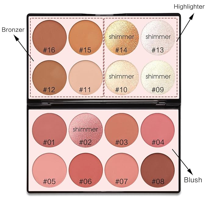 16 Color Contour Palette Makeup with 2 Brushes - Blush Highlighter Bronzer All-in-One Makeup Palette Contour Set - Face Cosmetics Gift, Holiday Beauty for Women (SET2)