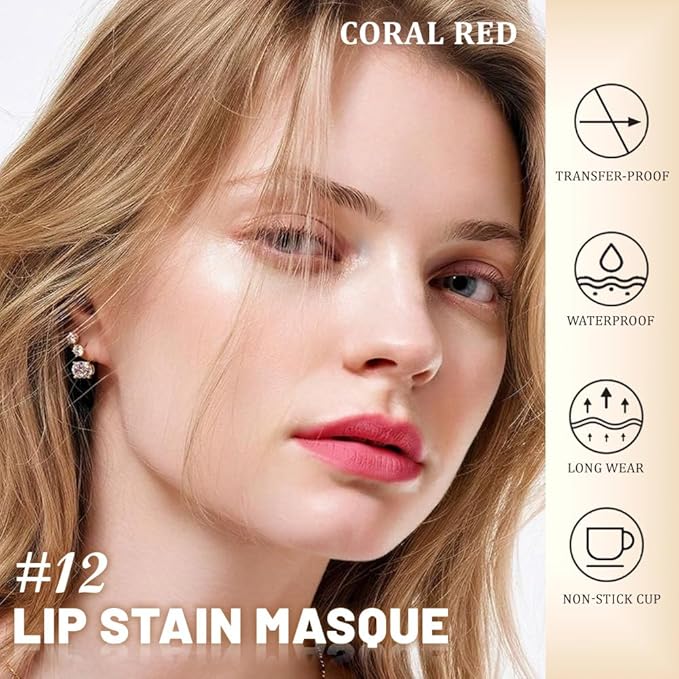 Kaely Coral Red Lip Stain Peel Off Masque, Long Lasting Waterproof Smudge Proof Lip Tint, Non-Transfer Semi Permanent Lipliner Tattoo with Tweezer, Matte Finish, Vegan & Cruelty-Free, 12