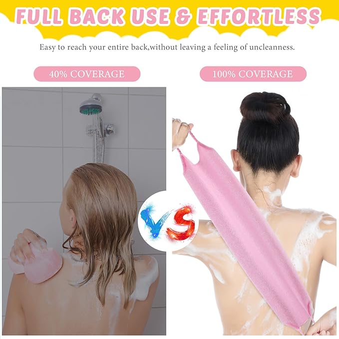 4 Pack Exfoliating Washcloth Back Scrubber Set, 2 Exfoliating Body Scrubber Nylon Back Body Scrub Towel, 2 Pairs Shower Gloves for Women Men Bath Shower Exfoliation(Pink, Purple)