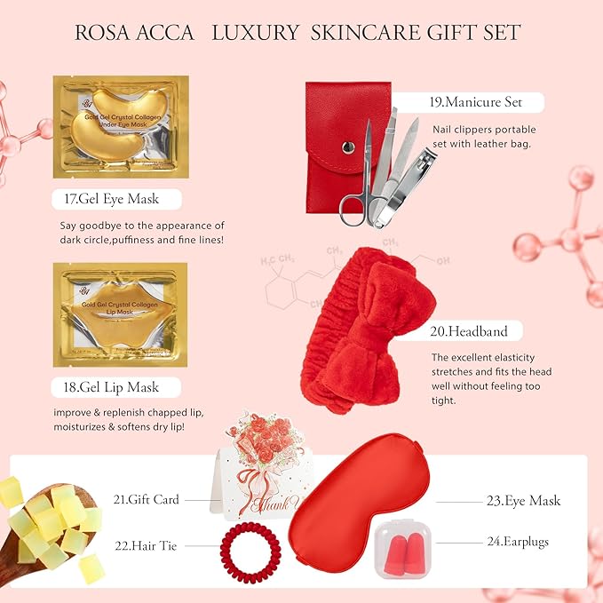 Christmas Gifts for Women, Red Rose 32 Pcs Facial Skin Care Set, Luxury Bath and Body Gifts, Spa Set & Self-Care Gifts, Lip Gloss, Face Sheet Mask, Serum, Present, Birthday, Valentines, Mother Day