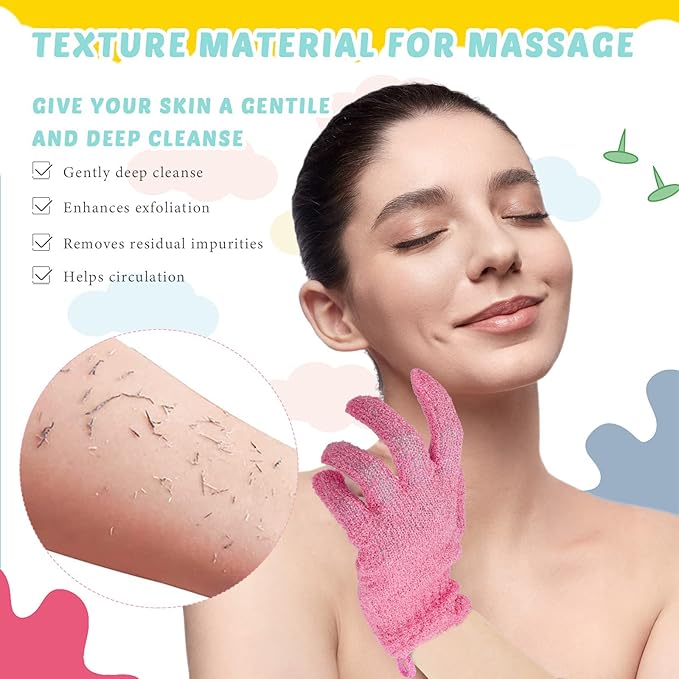 4 Pack Exfoliating Washcloth Back Scrubber Set, 2 Exfoliating Body Scrubber Nylon Back Body Scrub Towel, 2 Pairs Shower Gloves for Women Men Bath Shower Exfoliation(Pink, Beige)