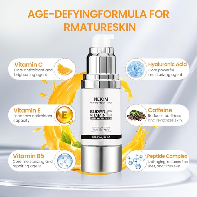 Super Vitamin C Serum for Face with Pure Hyaluronic Acid,Vitamin E,Tri-Peptide,B5, – Anti Aging, Dark Spot Remover & Collagen Booster – Hydrating, for Mature Skin – 1 fl oz