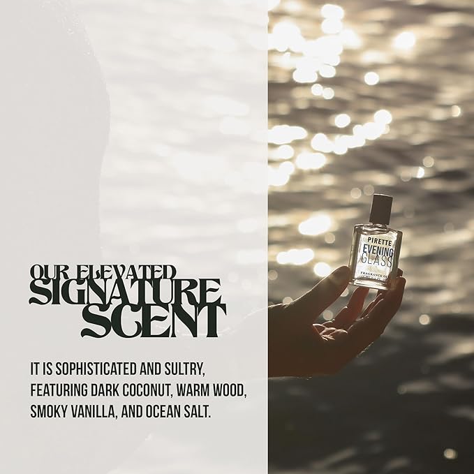 PIRETTE Evening Glass Fragrance Oil Roll On, Beach-Inspired, Long Lasting Perfume Oil with Notes of Dark Coconut, Warm Wood & Smoky Vanilla, Daily Rollerball Perfume for Women and Men, 0.5 fl oz